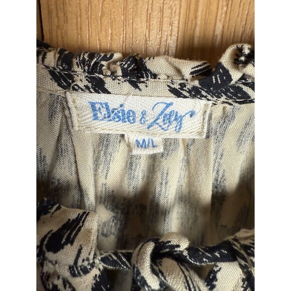 Elsie & Zoey Women's M/L Black Cream Ikat Print Tunic Top Boho Peasant Ruffle - Picture 4 of 6